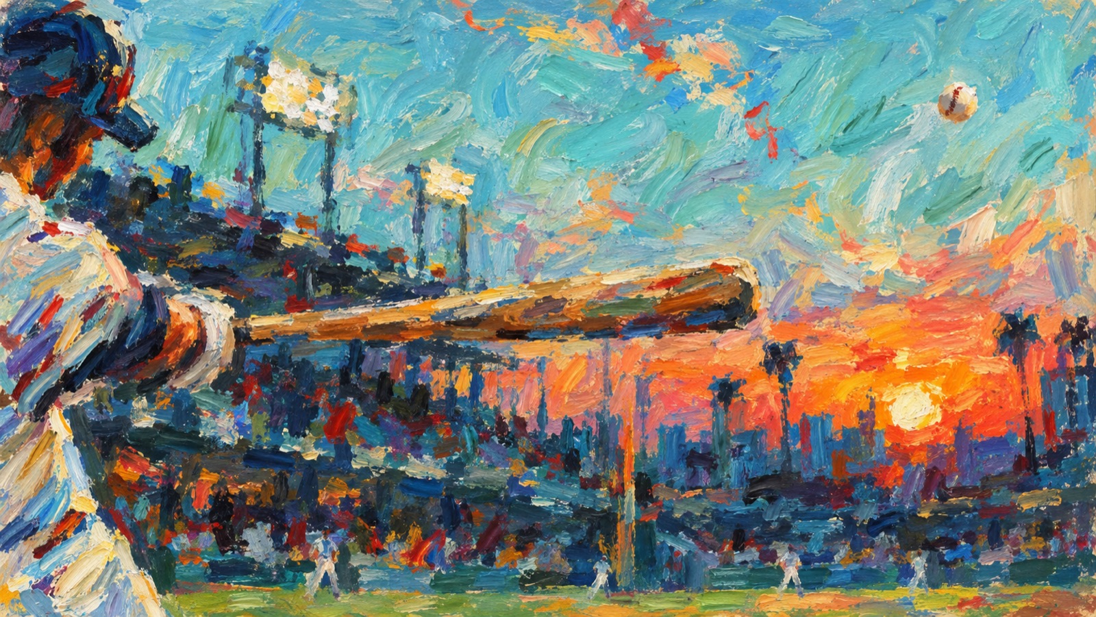 An impressionist painting of a baseball player mid-swing at sunset