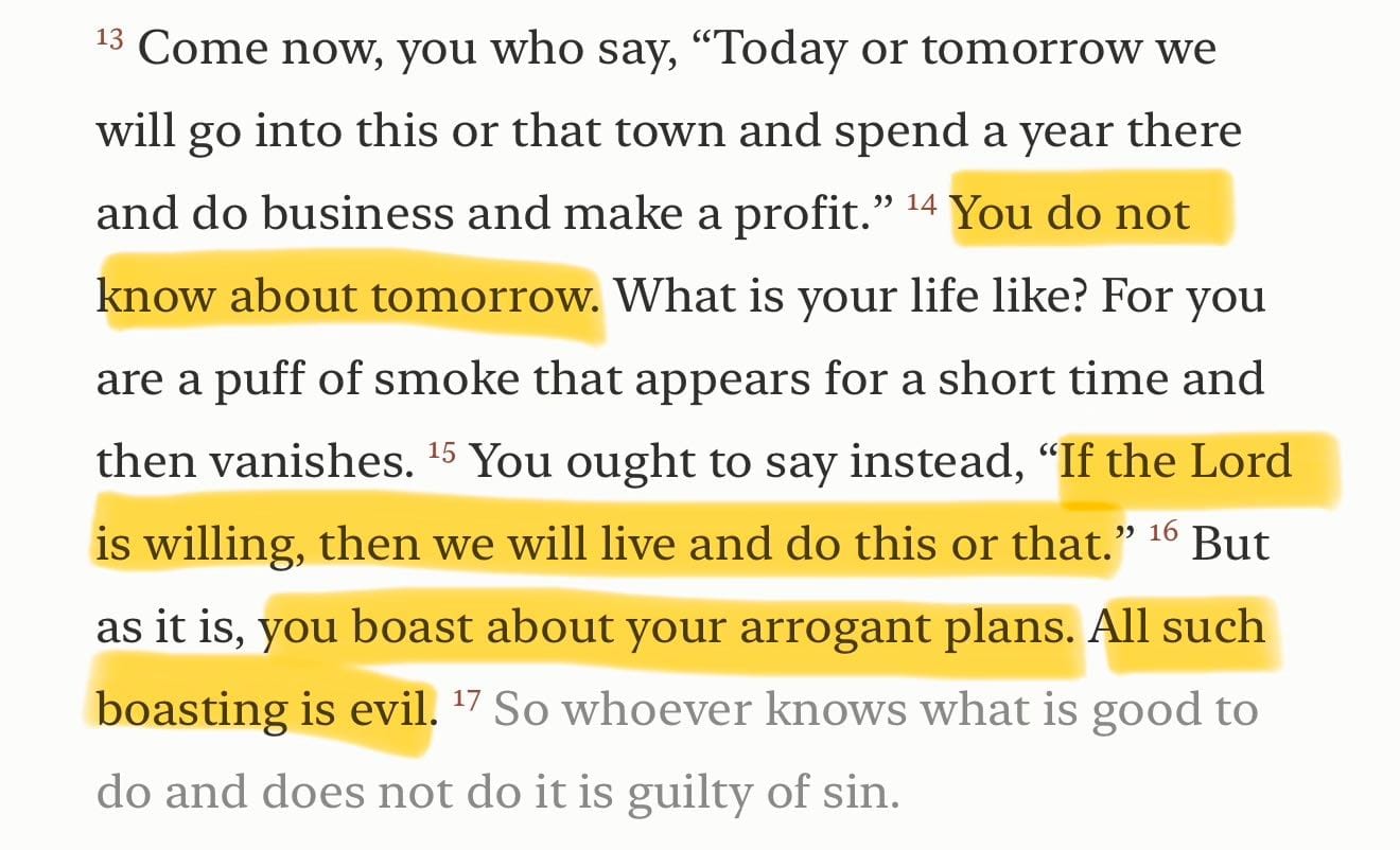 James 4:13–17, with “You do not know about tomorrow” and “If the Lord is willing” highlighted
